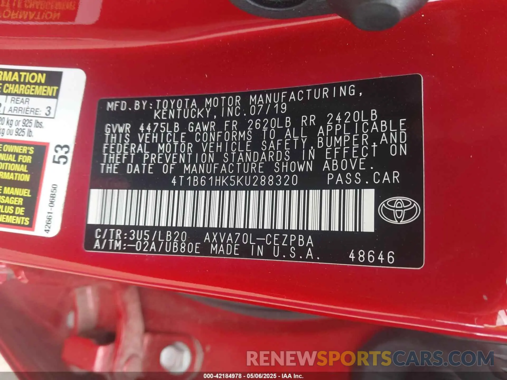9 fotografías del automóvil dañado 4T1B61HK5KU288320 TOYOTA CAMRY 2019