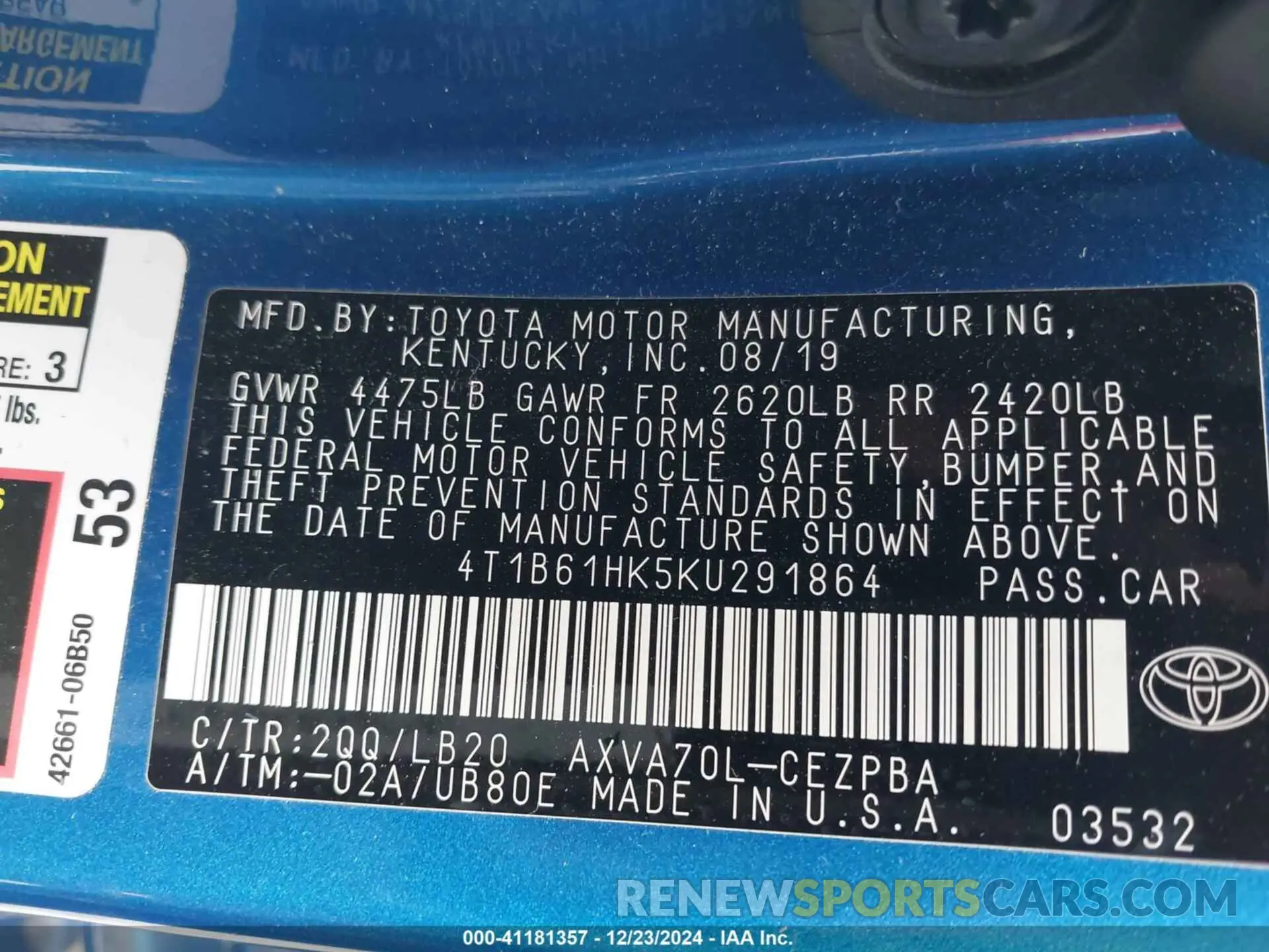 9 fotografías del automóvil dañado 4T1B61HK5KU291864 TOYOTA CAMRY 2019