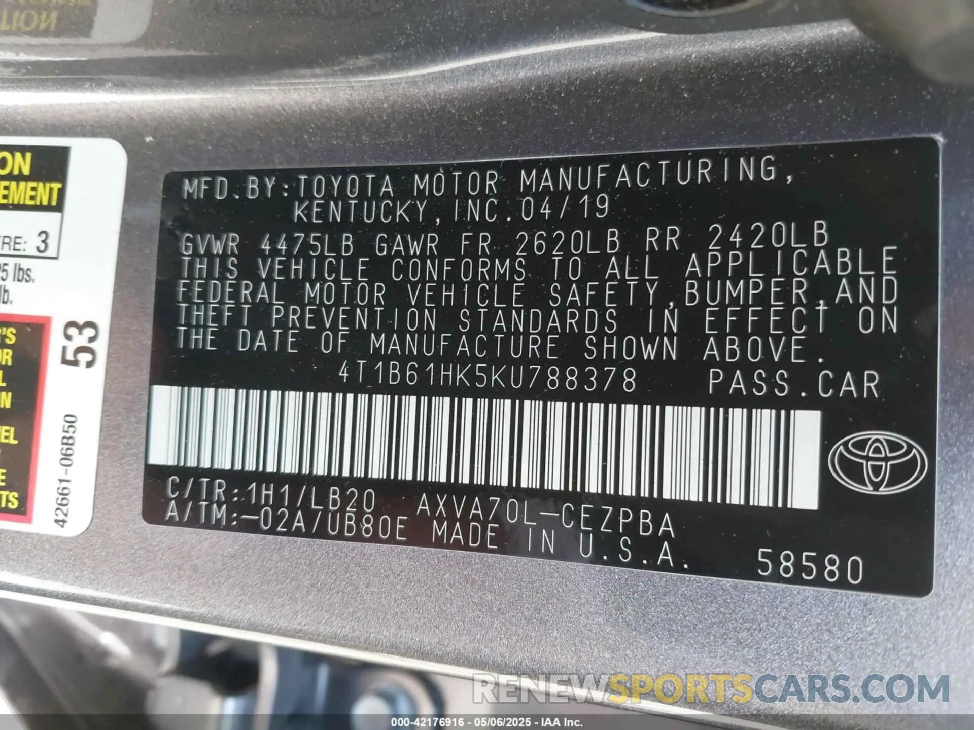 9 fotografías del automóvil dañado 4T1B61HK5KU788378 TOYOTA CAMRY 2019