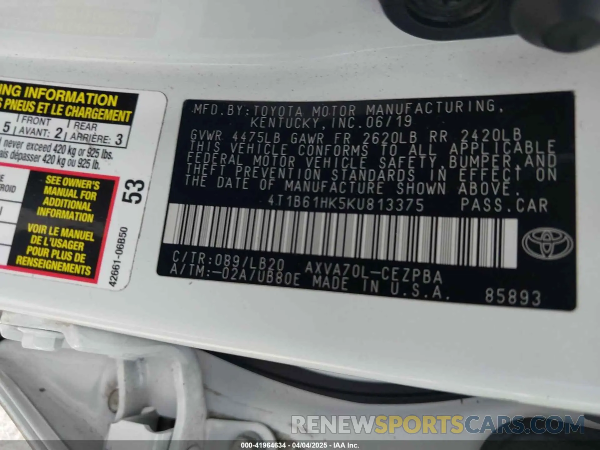 9 fotografías del automóvil dañado 4T1B61HK5KU813375 TOYOTA CAMRY 2019