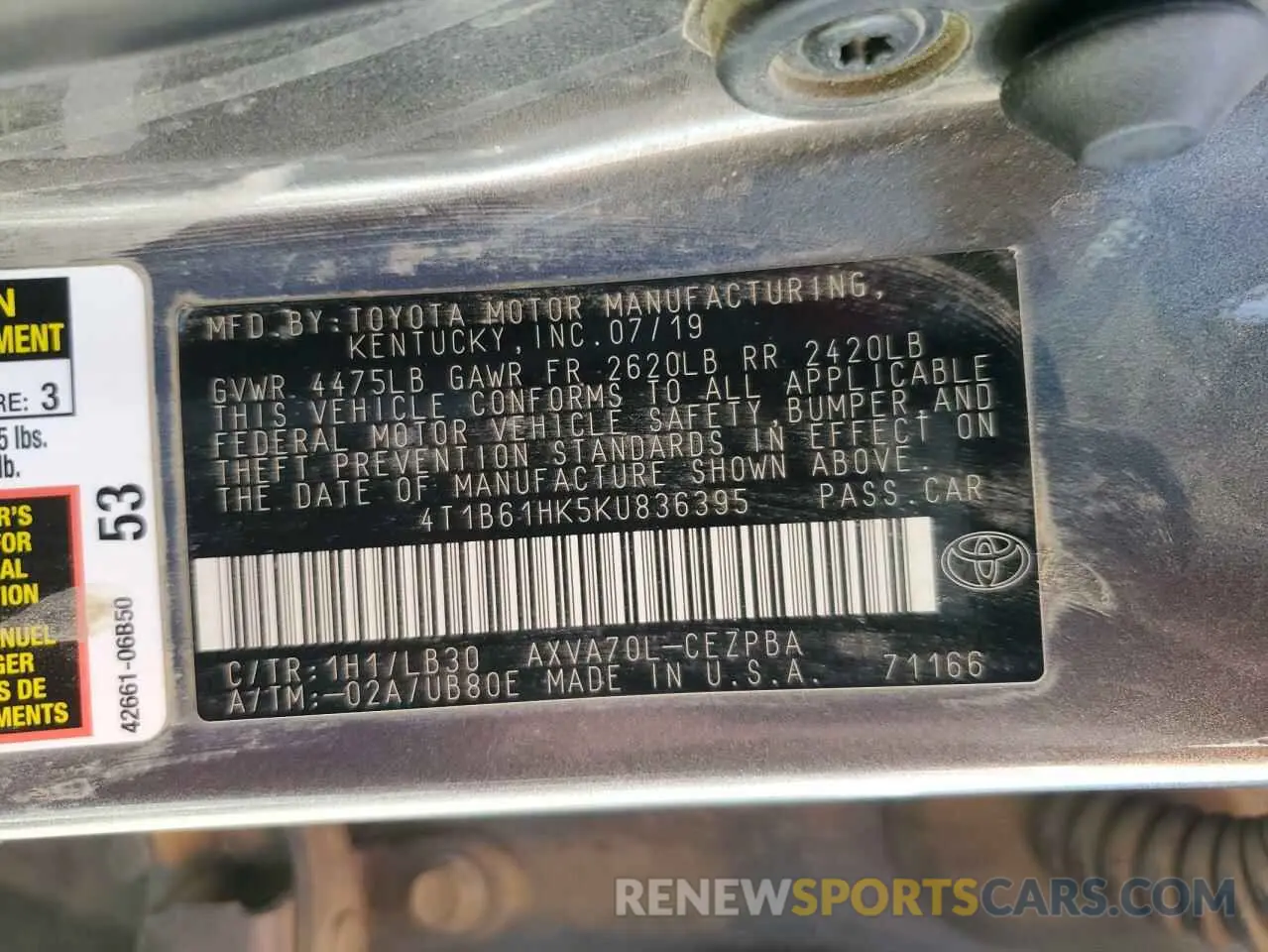 12 fotografías del automóvil dañado 4T1B61HK5KU836395 TOYOTA CAMRY 2019