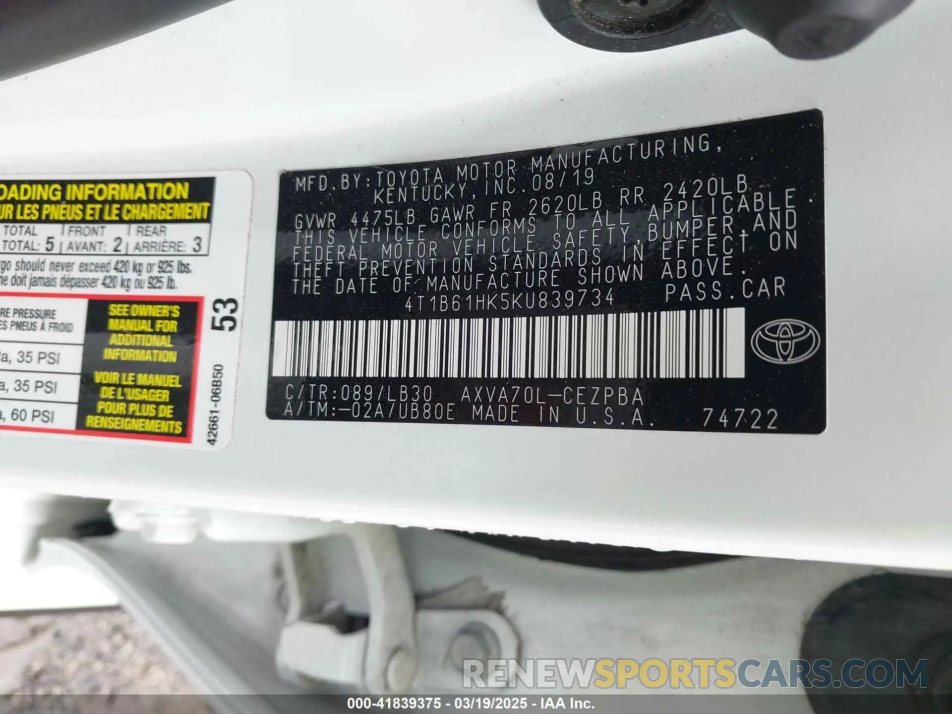 9 fotografías del automóvil dañado 4T1B61HK5KU839734 TOYOTA CAMRY 2019