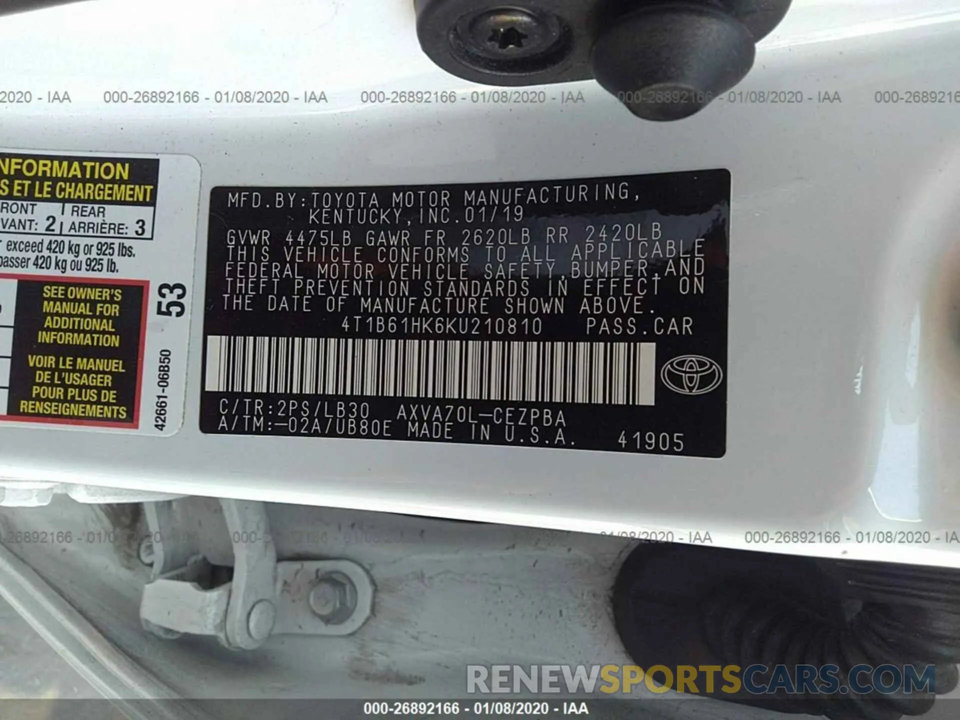 9 fotografías del automóvil dañado 4T1B61HK6KU210810 TOYOTA CAMRY 2019