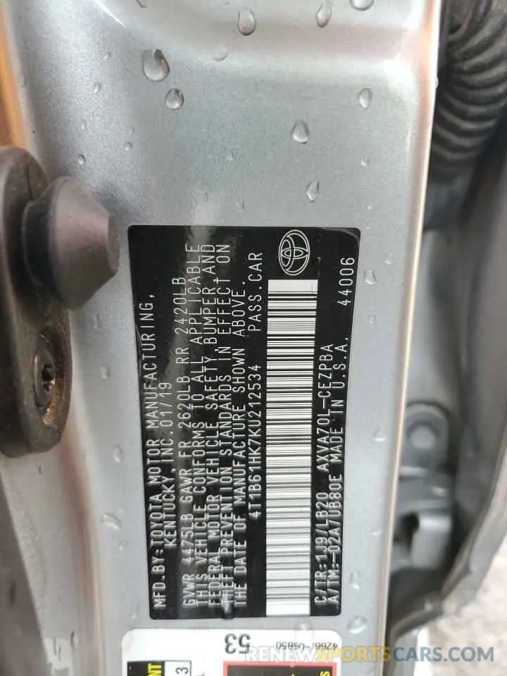 12 fotografías del automóvil dañado 4T1B61HK7KU212534 TOYOTA CAMRY 2019