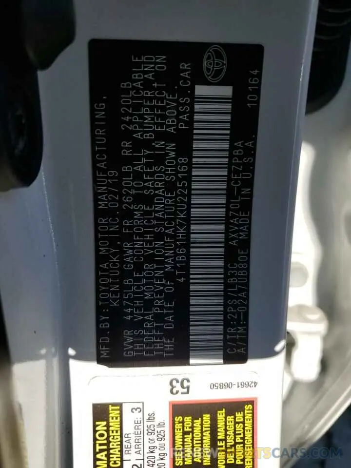 12 fotografías del automóvil dañado 4T1B61HK7KU225168 TOYOTA CAMRY 2019