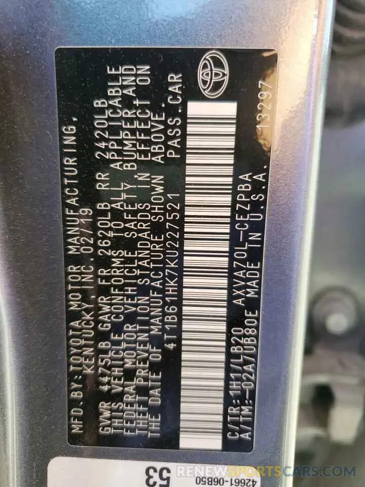 13 fotografías del automóvil dañado 4T1B61HK7KU227521 TOYOTA CAMRY 2019