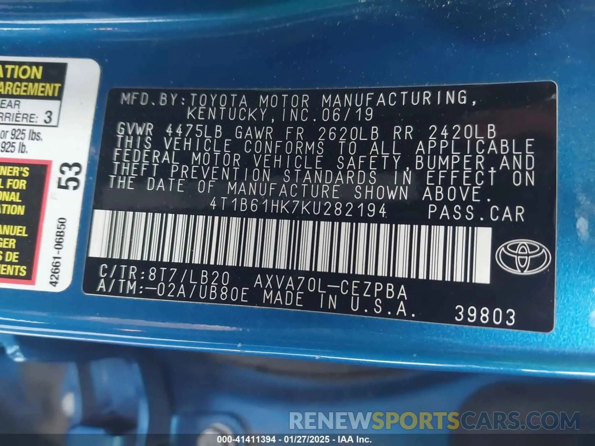 9 fotografías del automóvil dañado 4T1B61HK7KU282194 TOYOTA CAMRY 2019