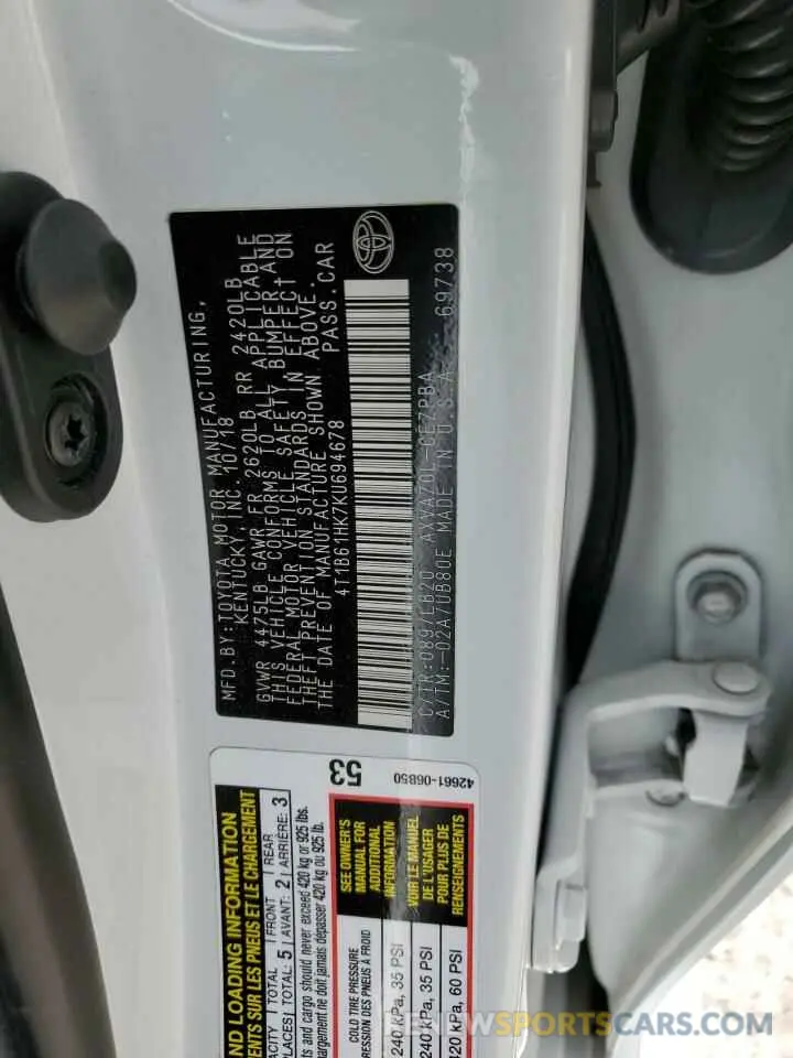 12 fotografías del automóvil dañado 4T1B61HK7KU694678 TOYOTA CAMRY 2019