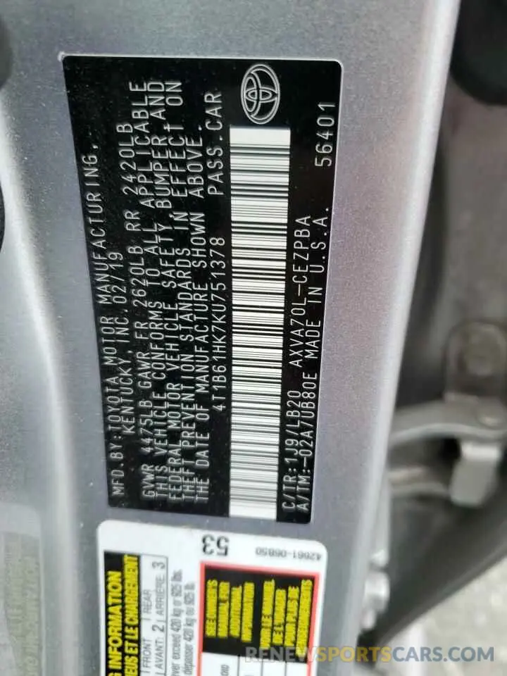 12 fotografías del automóvil dañado 4T1B61HK7KU751378 TOYOTA CAMRY 2019