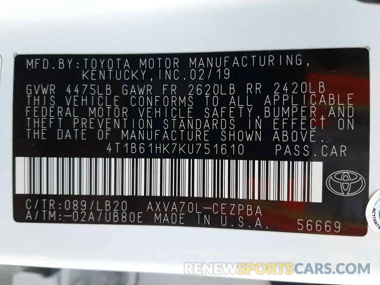 10 fotografías del automóvil dañado 4T1B61HK7KU751610 TOYOTA CAMRY 2019