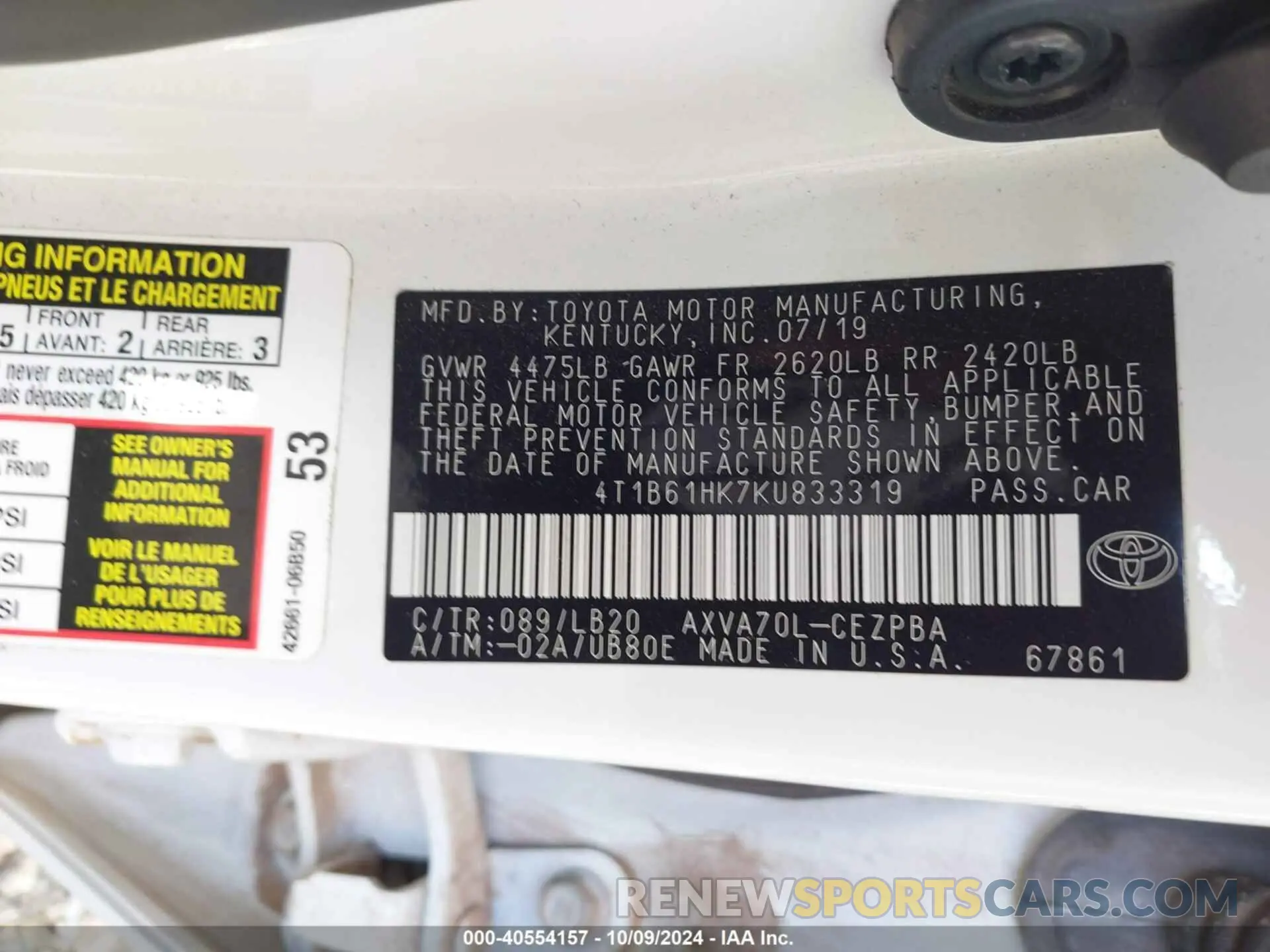 9 fotografías del automóvil dañado 4T1B61HK7KU833319 TOYOTA CAMRY 2019