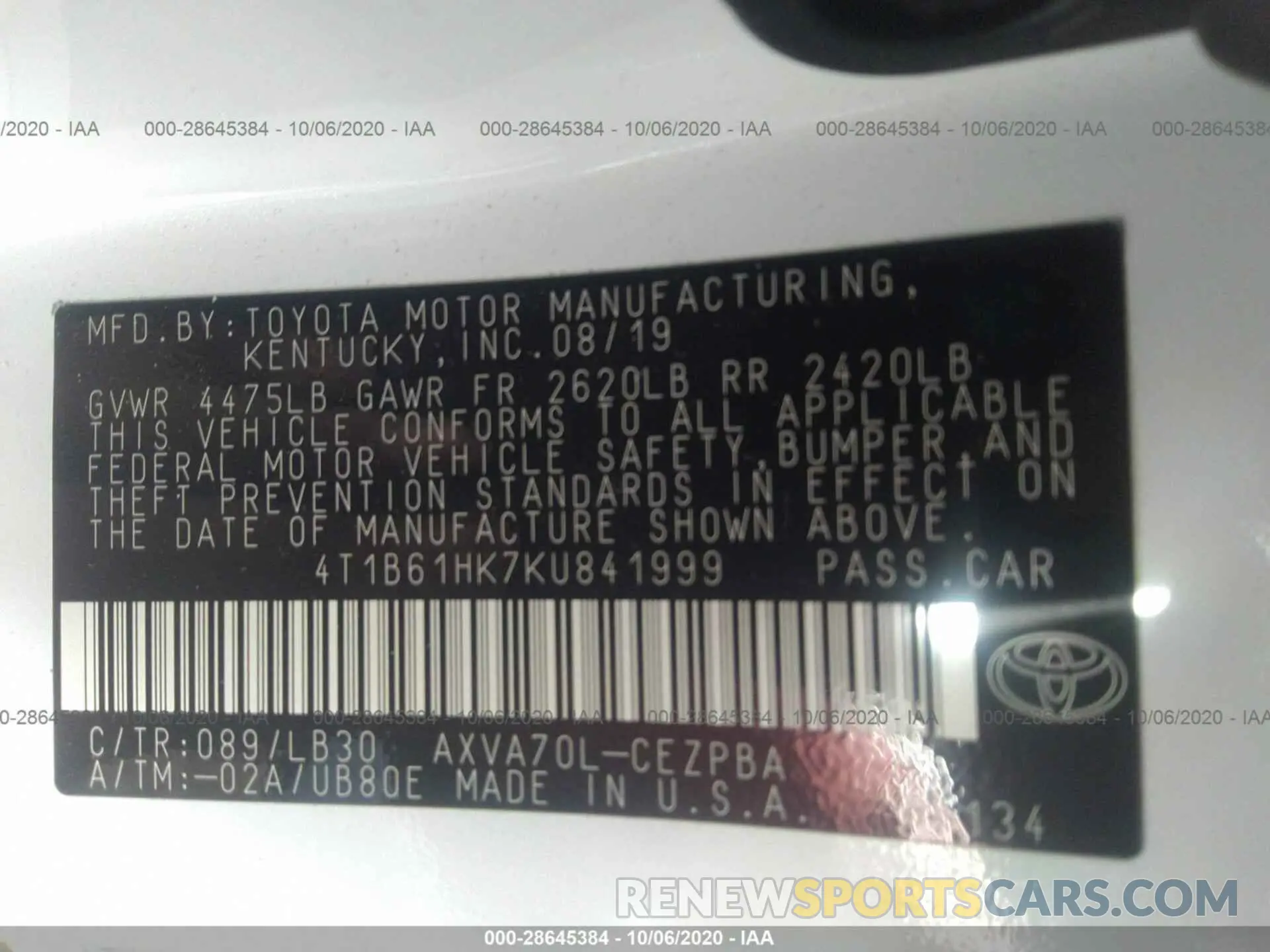 9 fotografías del automóvil dañado 4T1B61HK7KU841999 TOYOTA CAMRY 2019