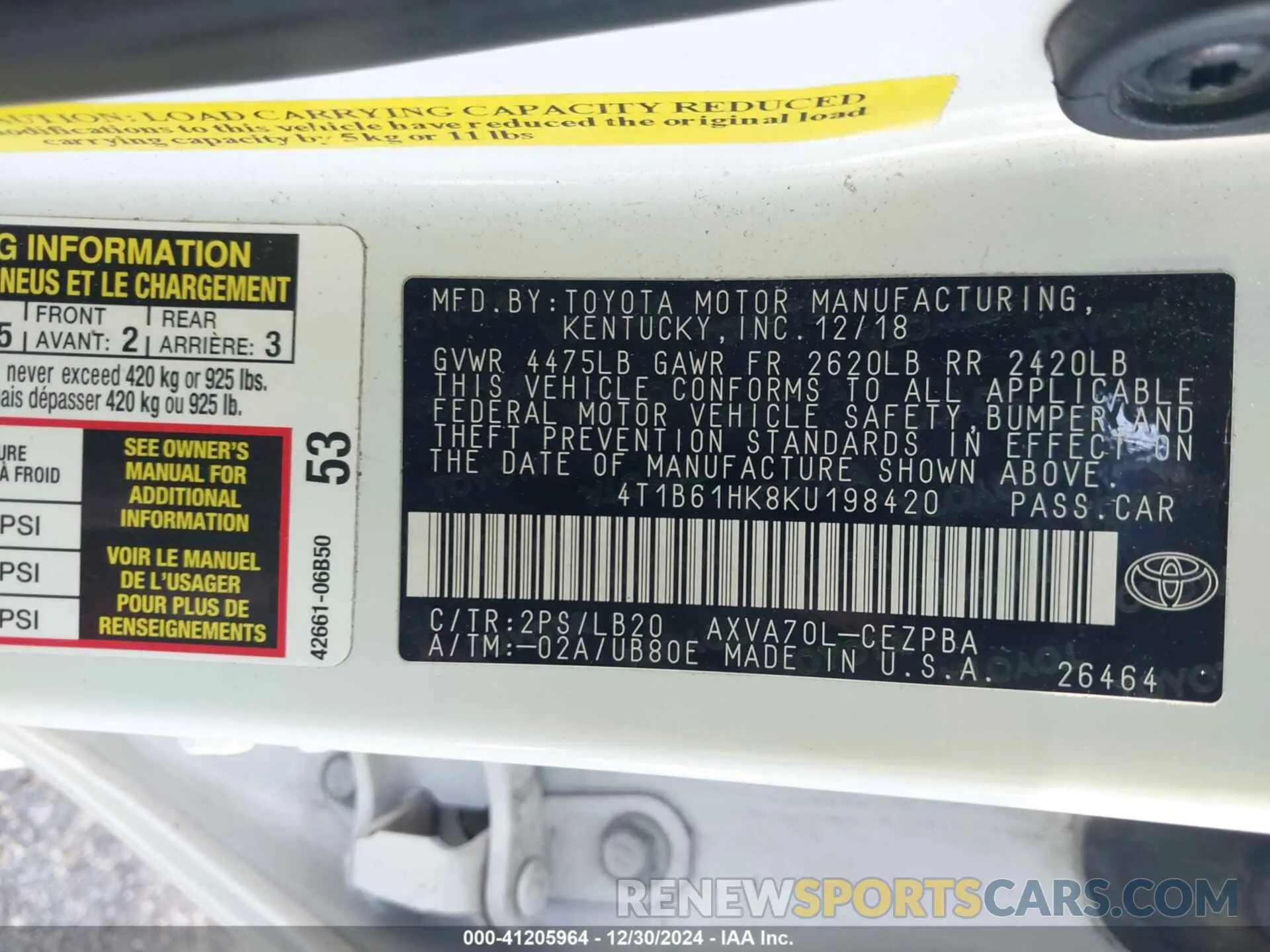 9 fotografías del automóvil dañado 4T1B61HK8KU198420 TOYOTA CAMRY 2019