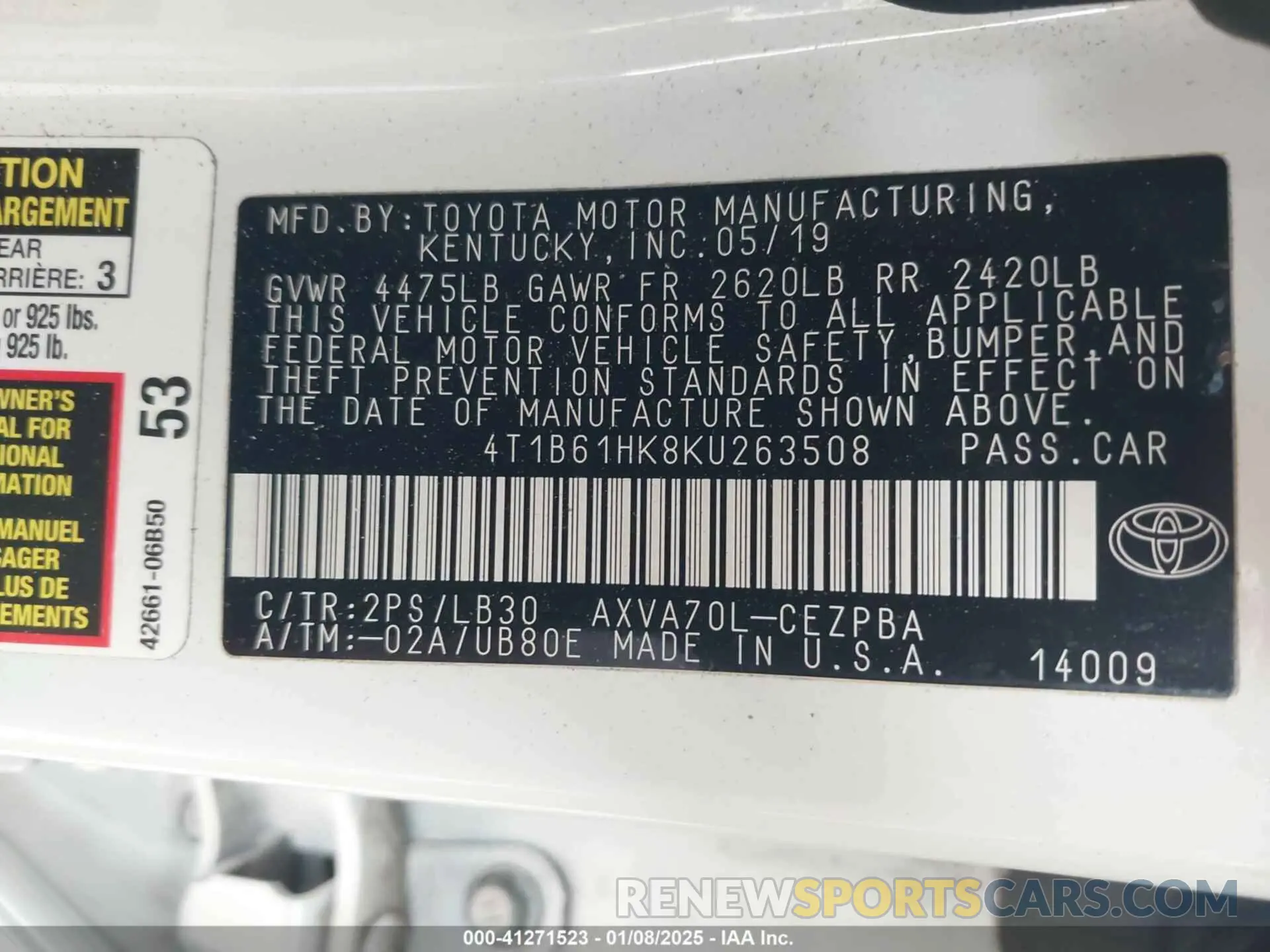 9 fotografías del automóvil dañado 4T1B61HK8KU263508 TOYOTA CAMRY 2019