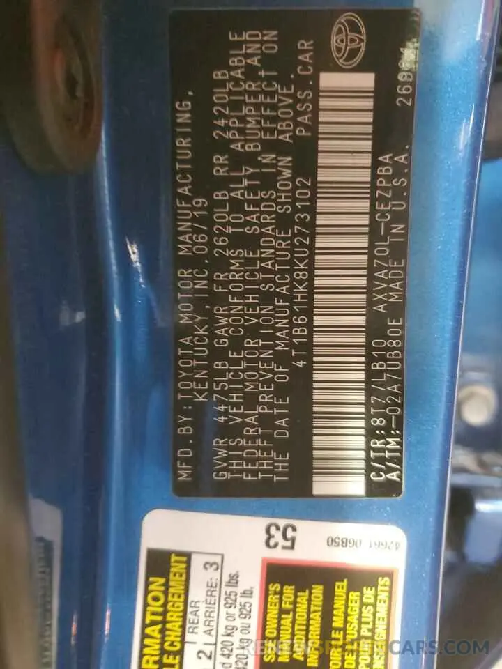 12 fotografías del automóvil dañado 4T1B61HK8KU273102 TOYOTA CAMRY 2019