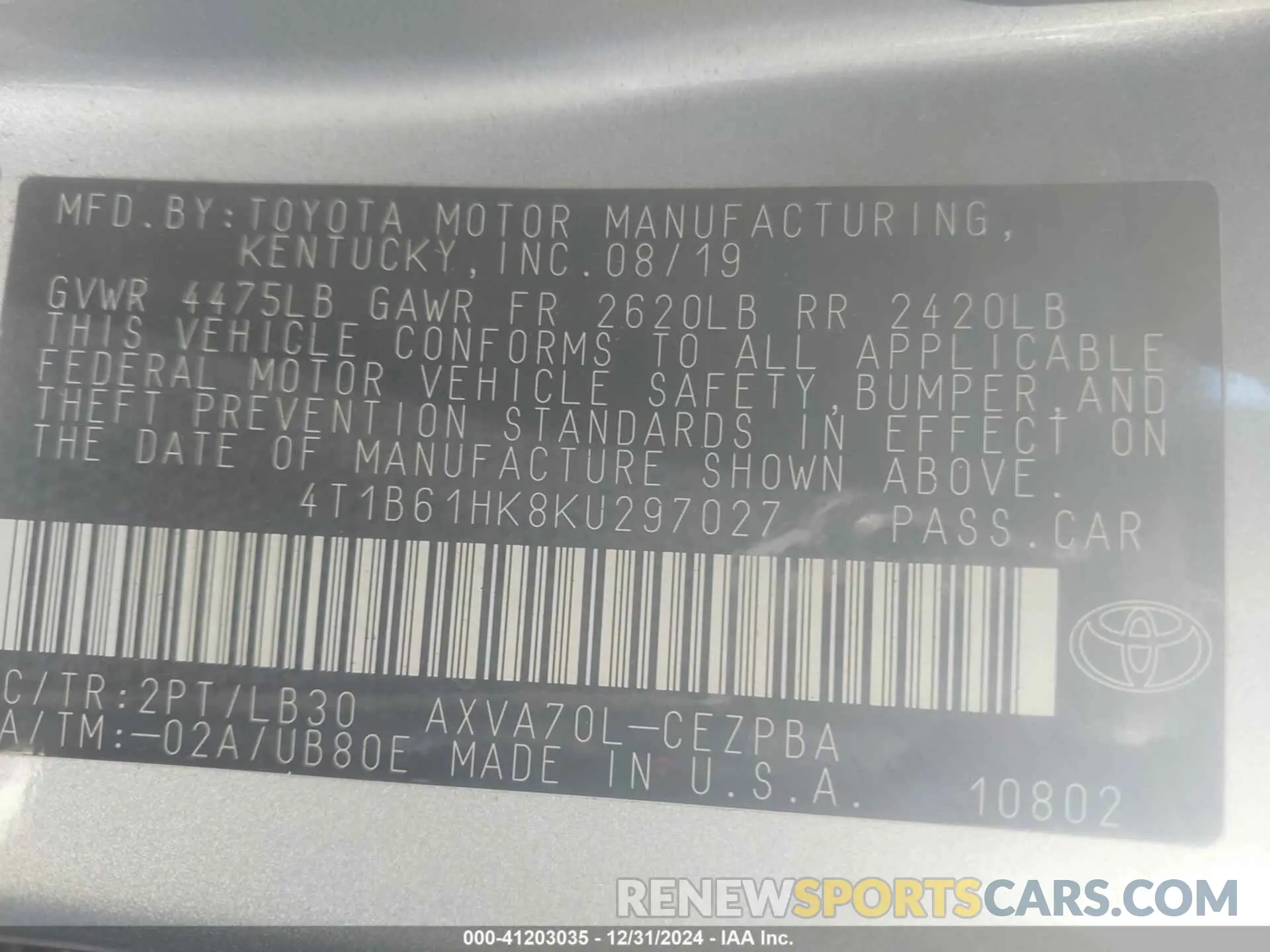 9 fotografías del automóvil dañado 4T1B61HK8KU297027 TOYOTA CAMRY 2019