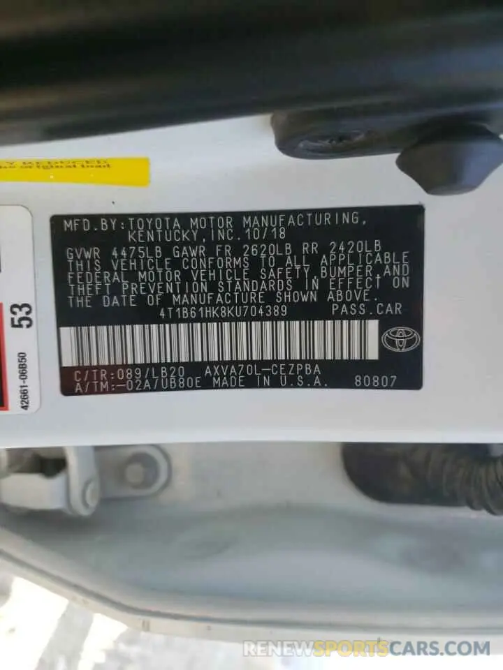 10 fotografías del automóvil dañado 4T1B61HK8KU704389 TOYOTA CAMRY 2019