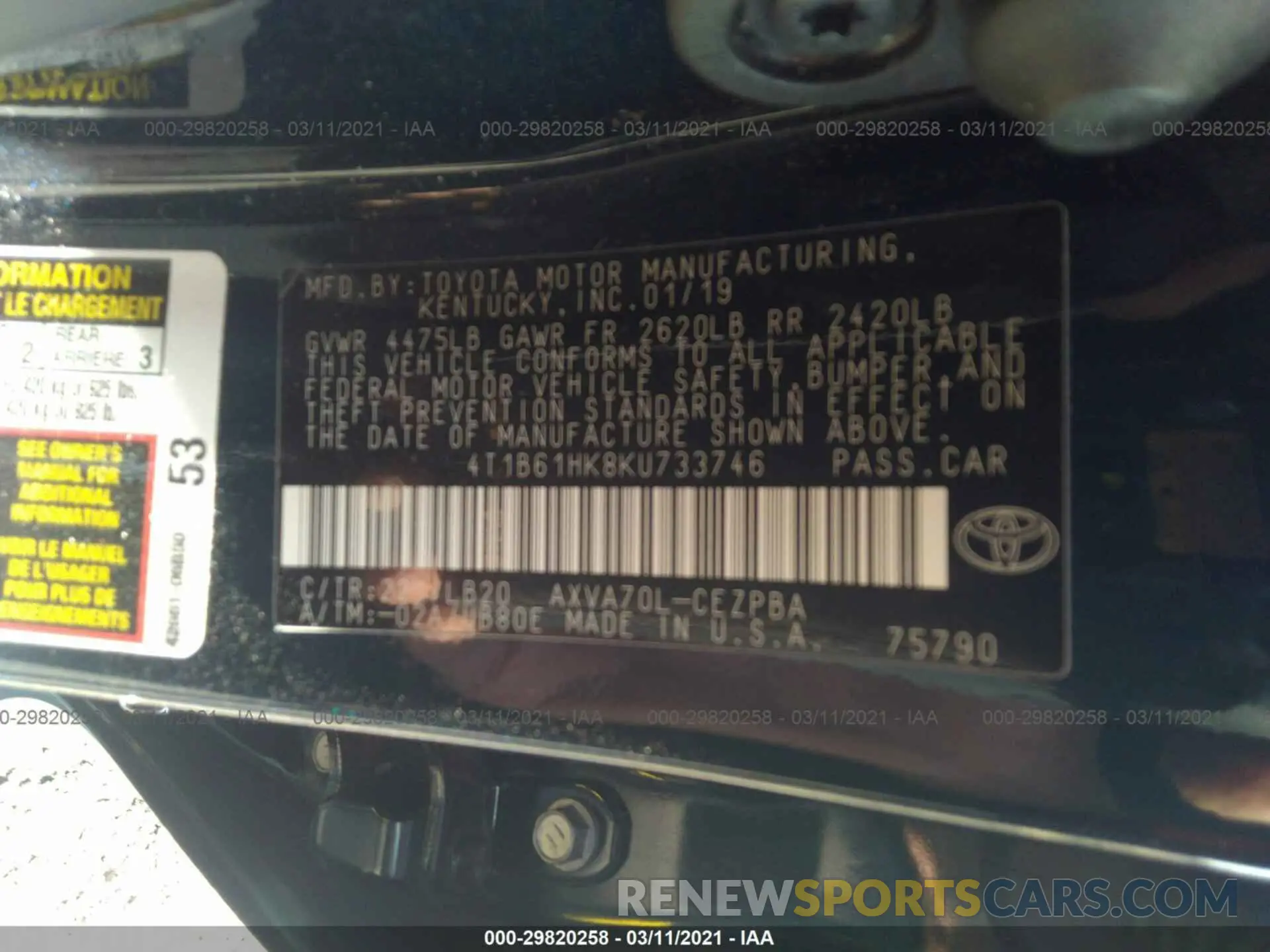 9 fotografías del automóvil dañado 4T1B61HK8KU733746 TOYOTA CAMRY 2019