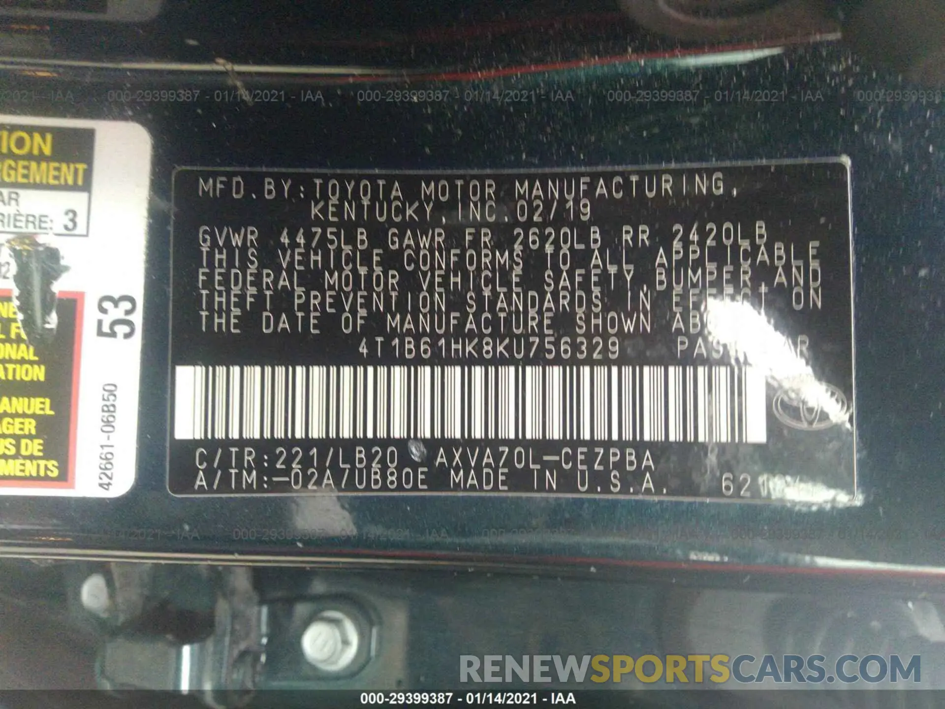 9 fotografías del automóvil dañado 4T1B61HK8KU756329 TOYOTA CAMRY 2019