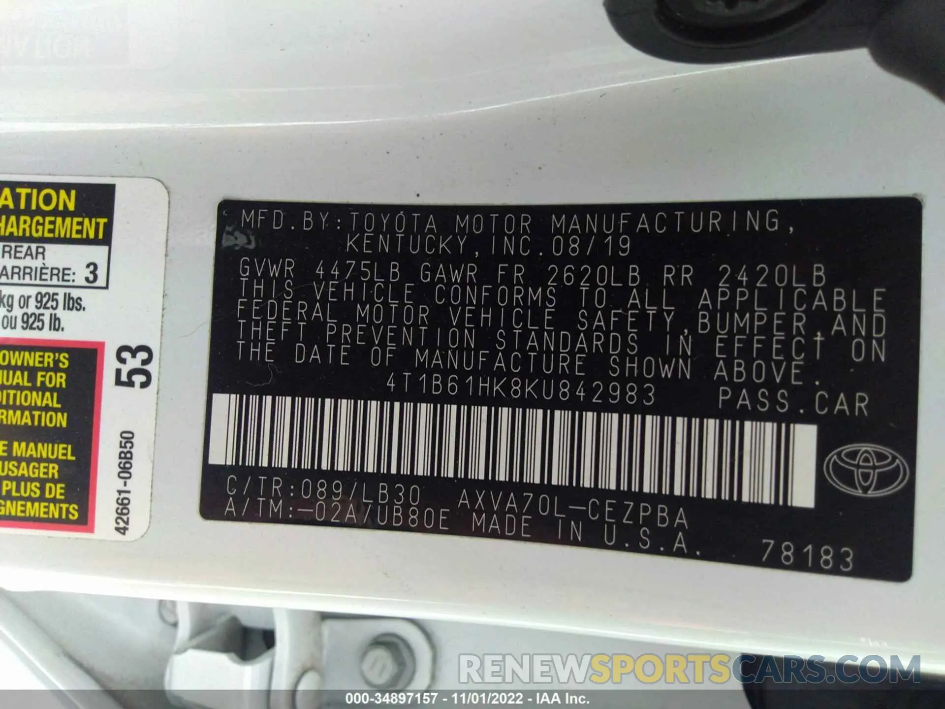 9 fotografías del automóvil dañado 4T1B61HK8KU842983 TOYOTA CAMRY 2019
