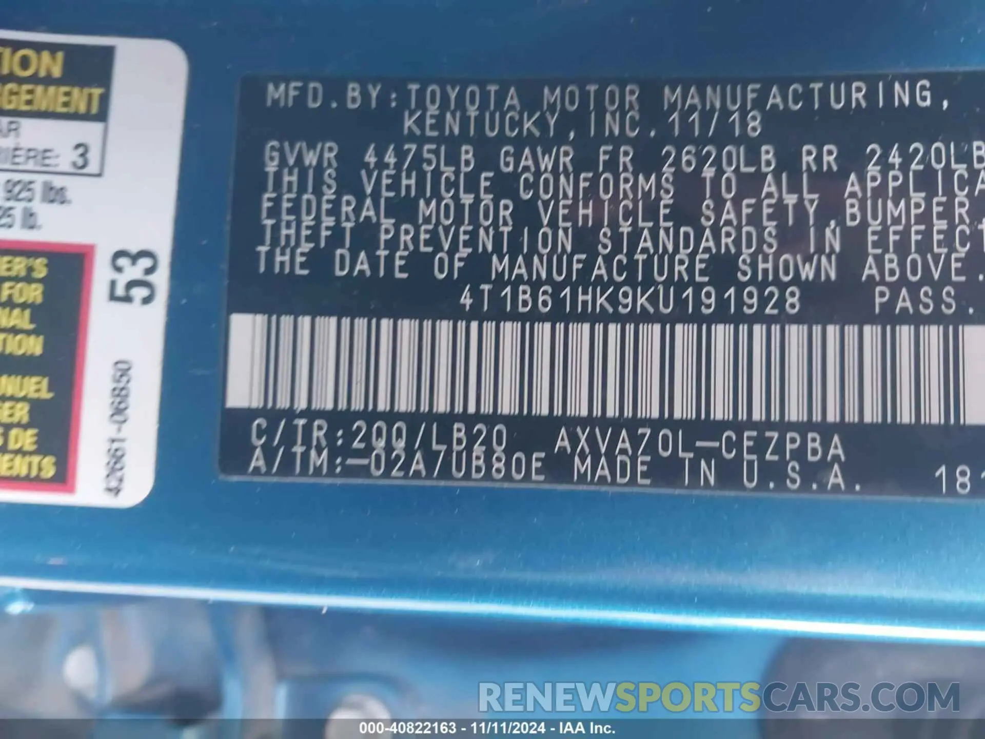 9 fotografías del automóvil dañado 4T1B61HK9KU191928 TOYOTA CAMRY 2019