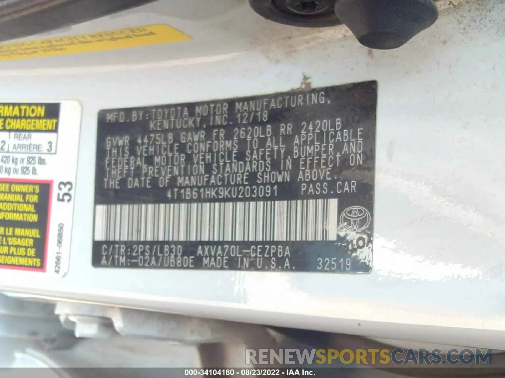 9 fotografías del automóvil dañado 4T1B61HK9KU203091 TOYOTA CAMRY 2019