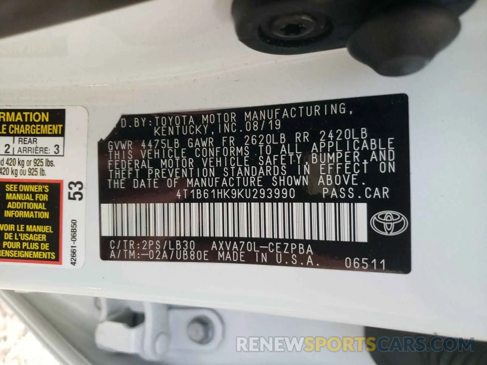 10 fotografías del automóvil dañado 4T1B61HK9KU293990 TOYOTA CAMRY 2019