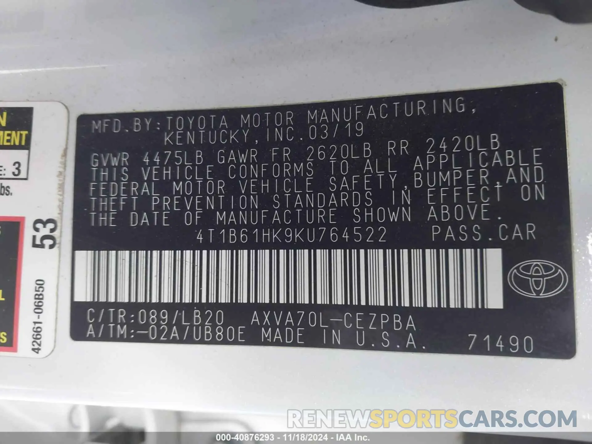 9 fotografías del automóvil dañado 4T1B61HK9KU764522 TOYOTA CAMRY 2019