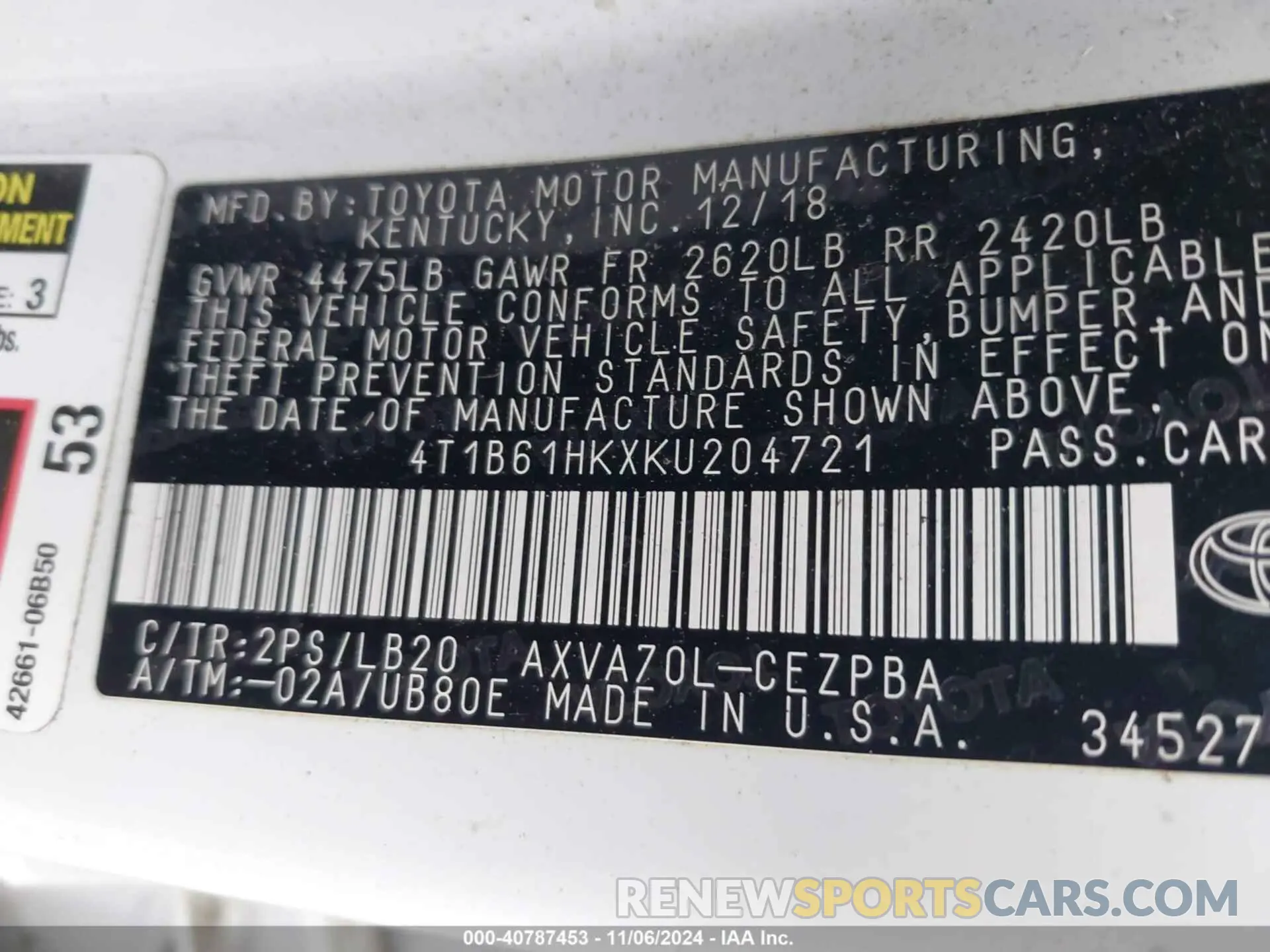 9 fotografías del automóvil dañado 4T1B61HKXKU204721 TOYOTA CAMRY 2019