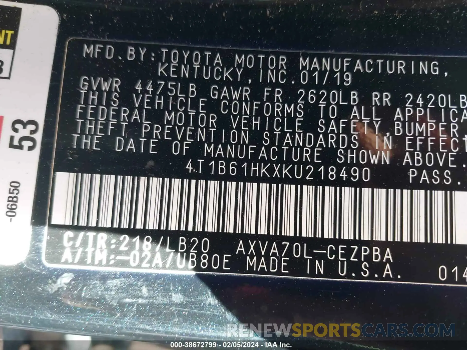 9 fotografías del automóvil dañado 4T1B61HKXKU218490 TOYOTA CAMRY 2019
