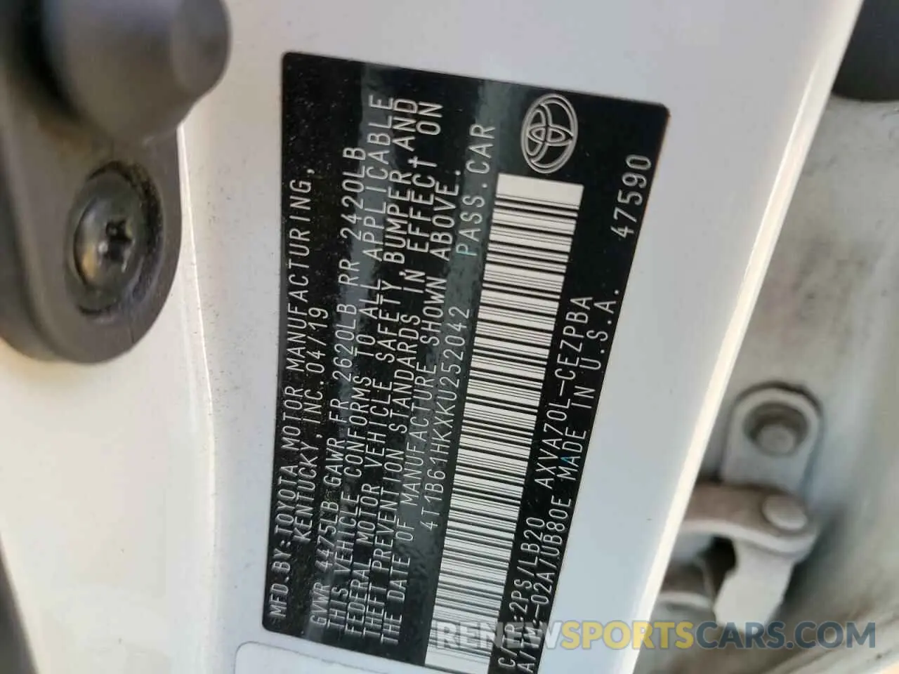 12 fotografías del automóvil dañado 4T1B61HKXKU252042 TOYOTA CAMRY 2019