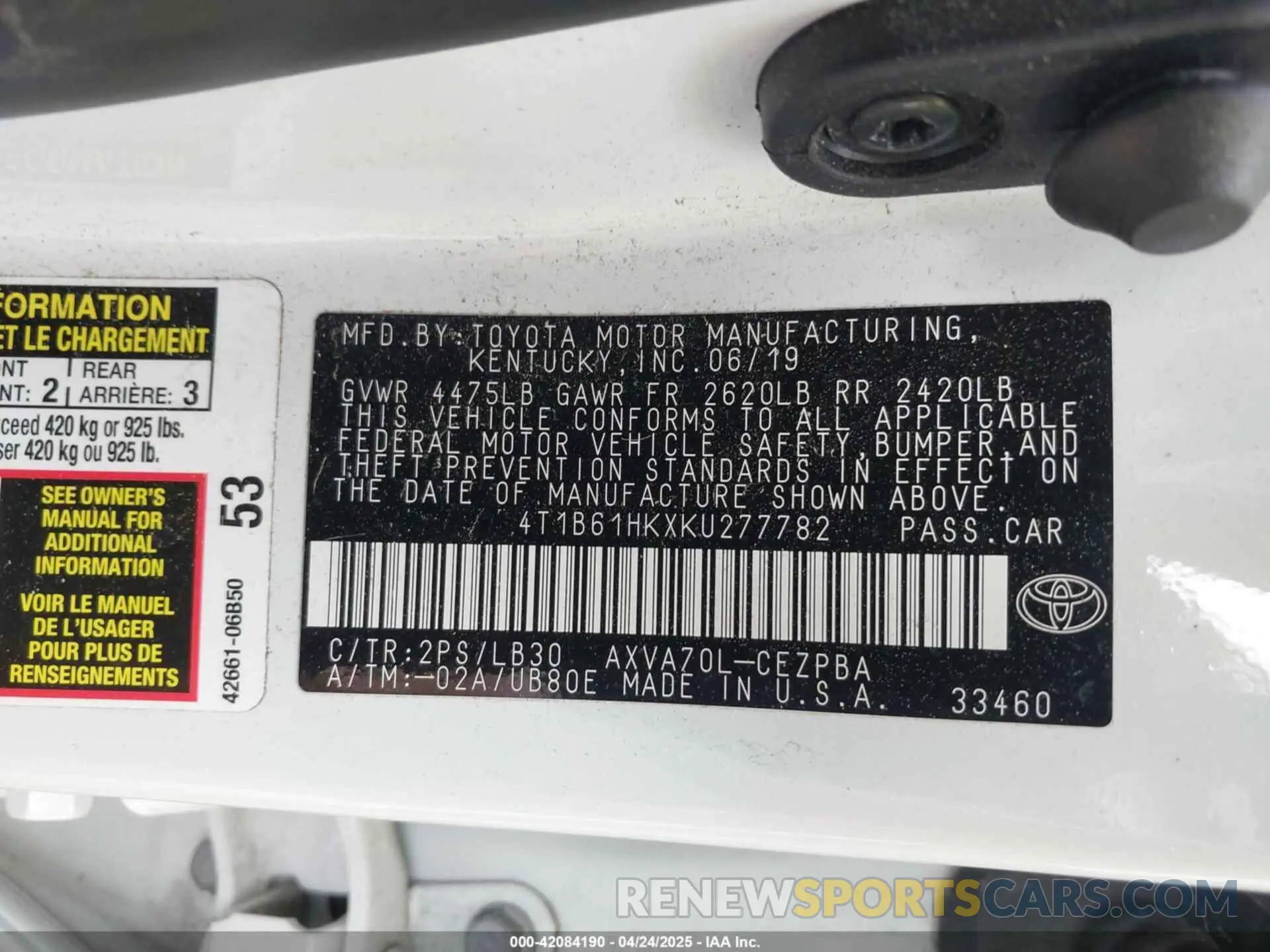 9 fotografías del automóvil dañado 4T1B61HKXKU277782 TOYOTA CAMRY 2019