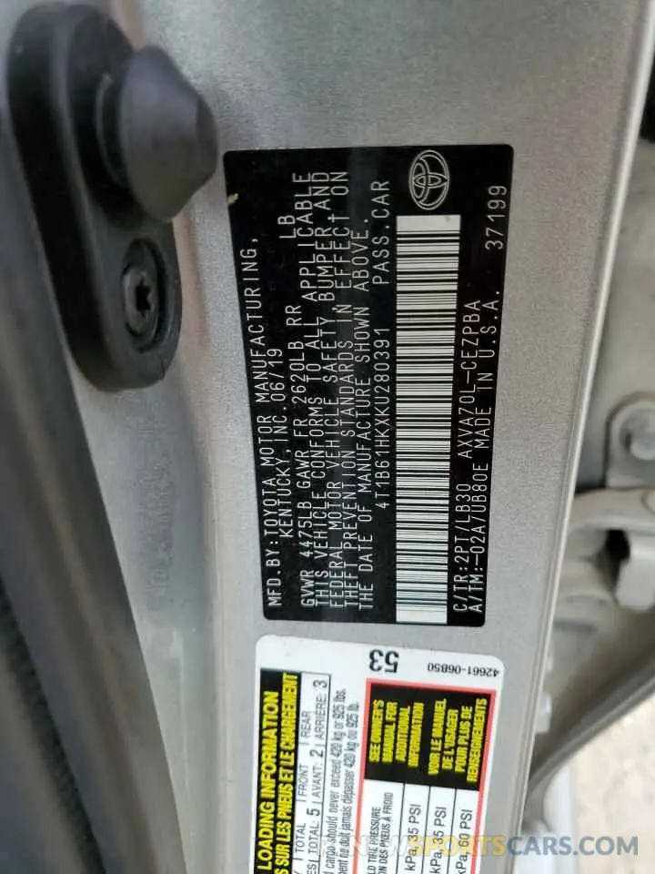12 fotografías del automóvil dañado 4T1B61HKXKU280391 TOYOTA CAMRY 2019