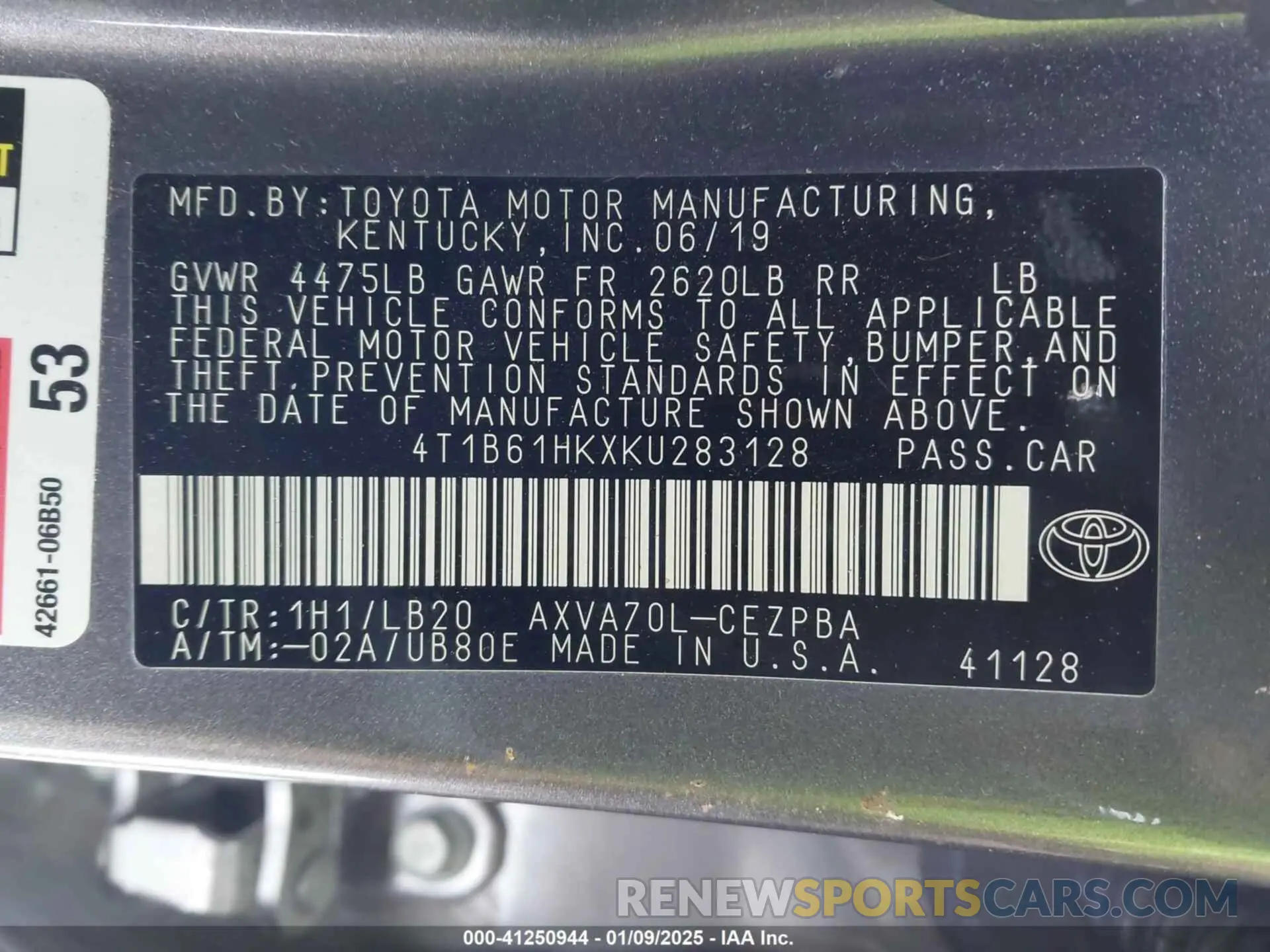 9 fotografías del automóvil dañado 4T1B61HKXKU283128 TOYOTA CAMRY 2019