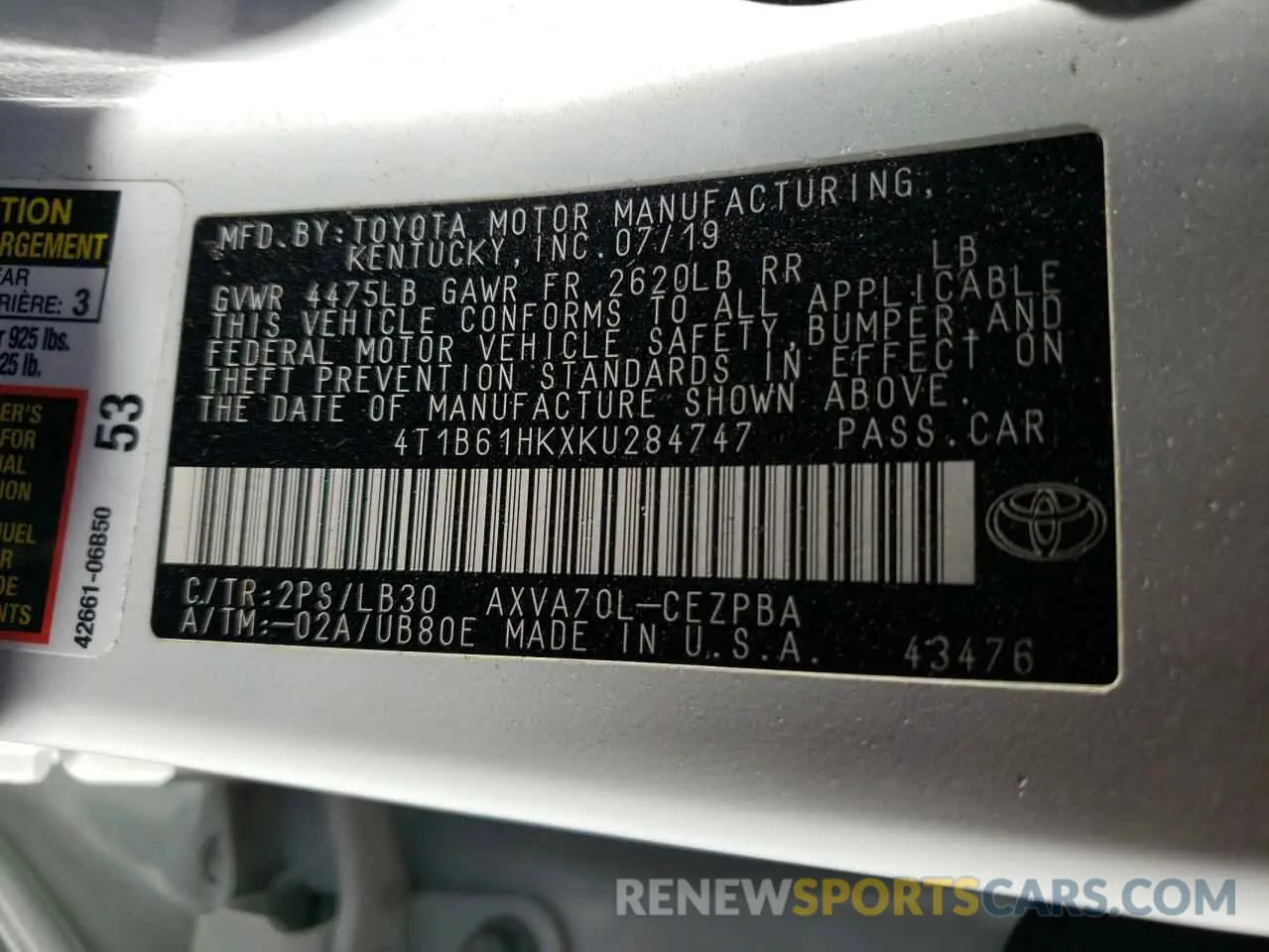 10 fotografías del automóvil dañado 4T1B61HKXKU284747 TOYOTA CAMRY 2019