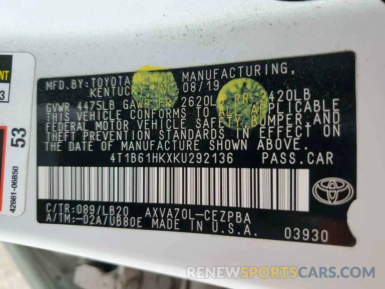 15 fotografías del automóvil dañado 4T1B61HKXKU292136 TOYOTA CAMRY 2019