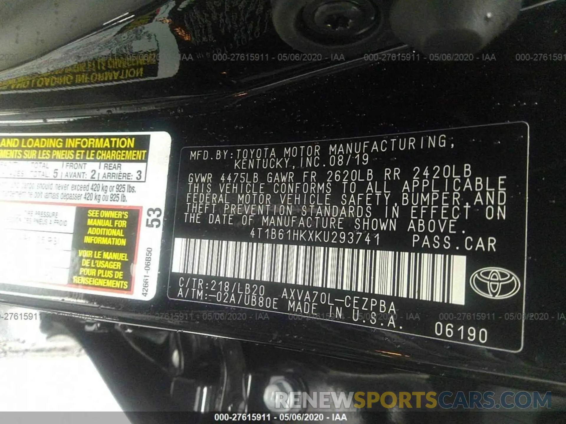 9 fotografías del automóvil dañado 4T1B61HKXKU293741 TOYOTA CAMRY 2019