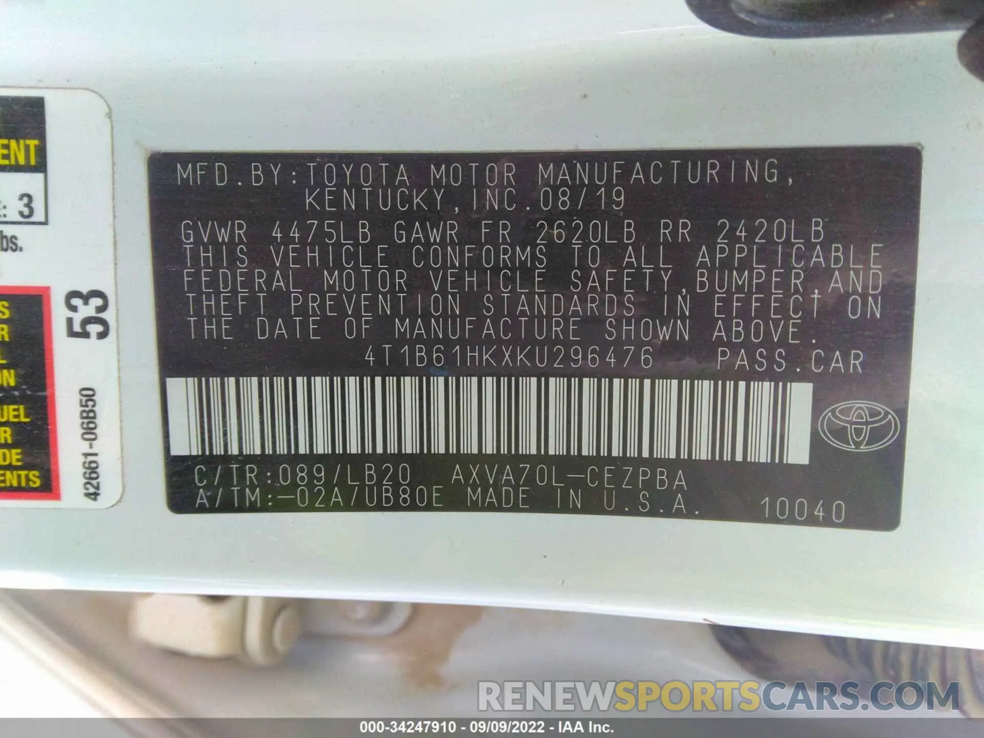 9 fotografías del automóvil dañado 4T1B61HKXKU296476 TOYOTA CAMRY 2019