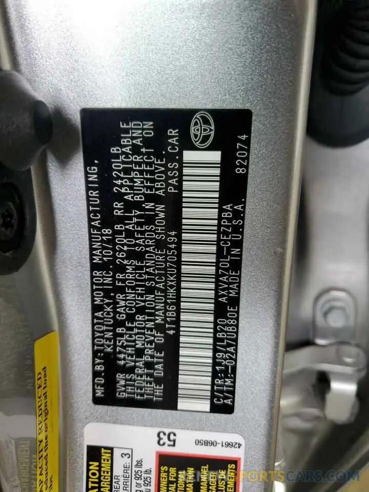 13 fotografías del automóvil dañado 4T1B61HKXKU705494 TOYOTA CAMRY 2019