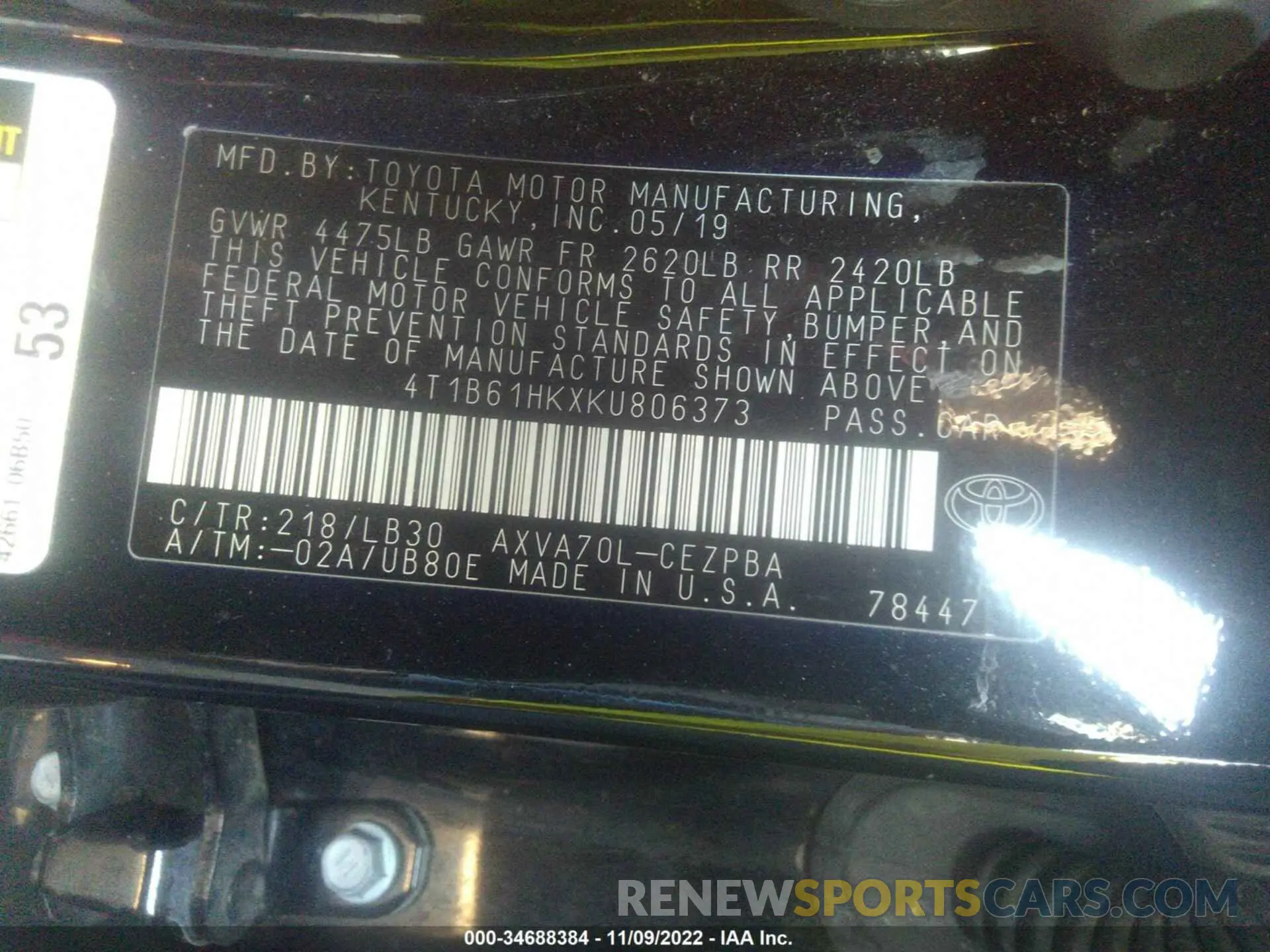 9 fotografías del automóvil dañado 4T1B61HKXKU806373 TOYOTA CAMRY 2019