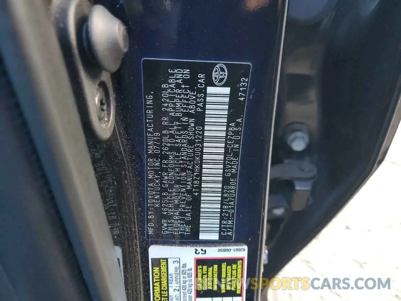 12 fotografías del automóvil dañado 4T1BZ1HK0KU031220 TOYOTA CAMRY 2019
