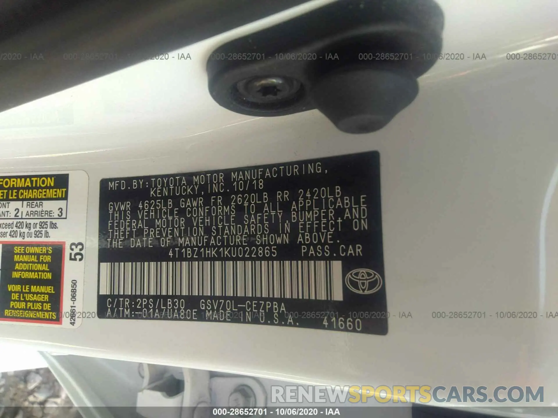 9 fotografías del automóvil dañado 4T1BZ1HK1KU022865 TOYOTA CAMRY 2019