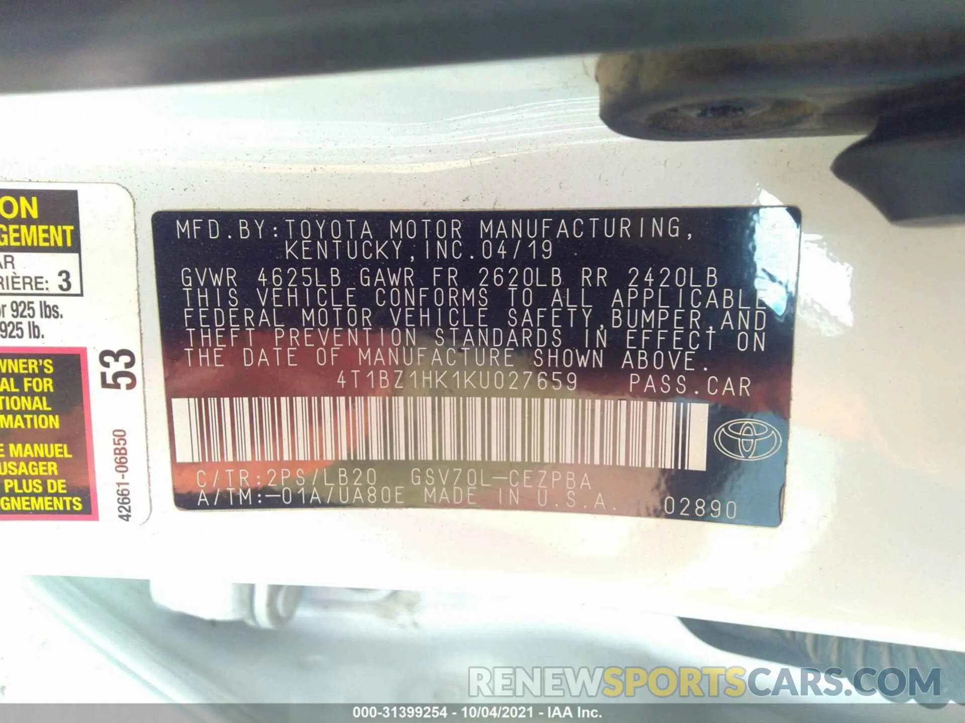 9 fotografías del automóvil dañado 4T1BZ1HK1KU027659 TOYOTA CAMRY 2019