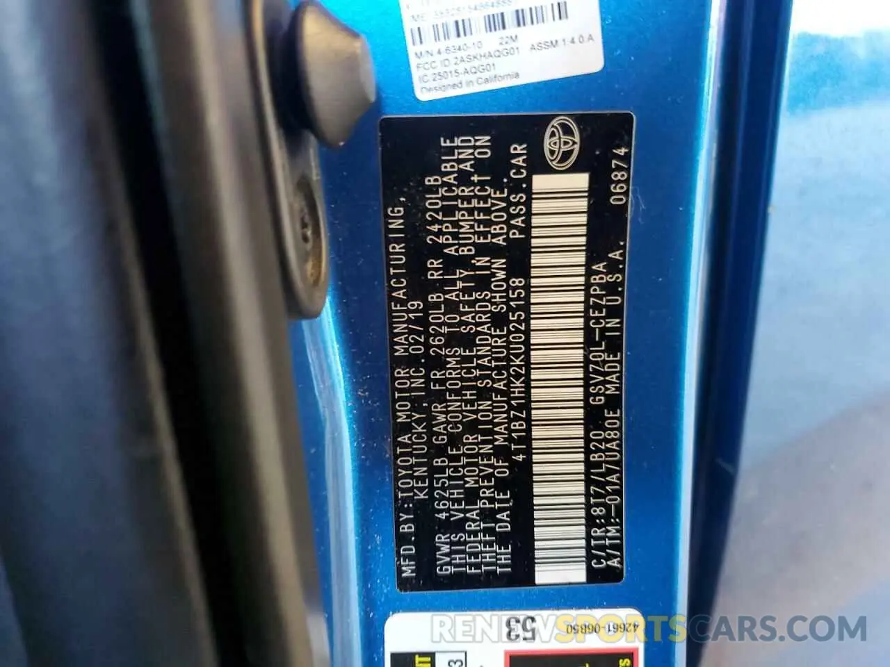 12 fotografías del automóvil dañado 4T1BZ1HK2KU025158 TOYOTA CAMRY 2019