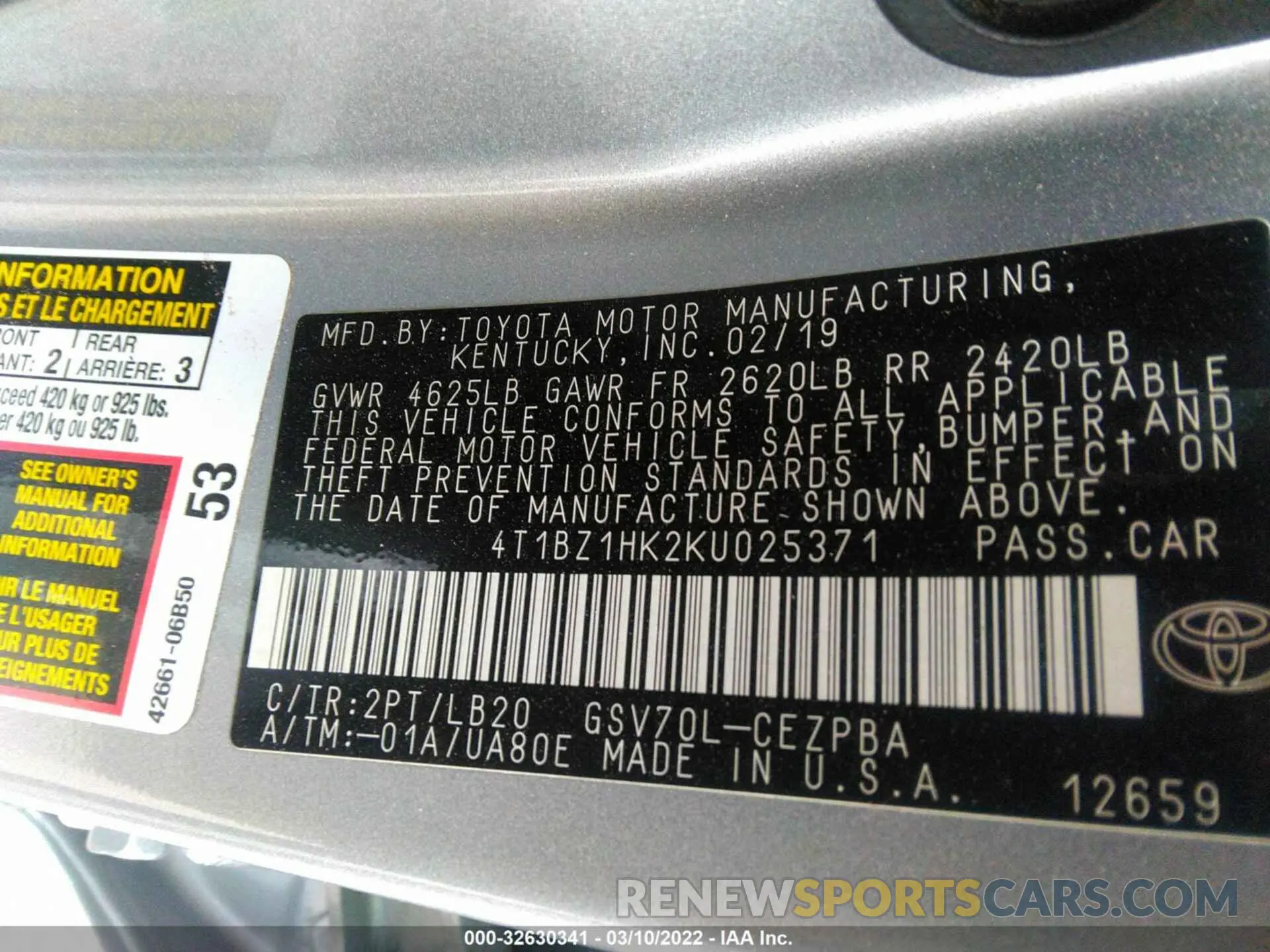 9 fotografías del automóvil dañado 4T1BZ1HK2KU025371 TOYOTA CAMRY 2019