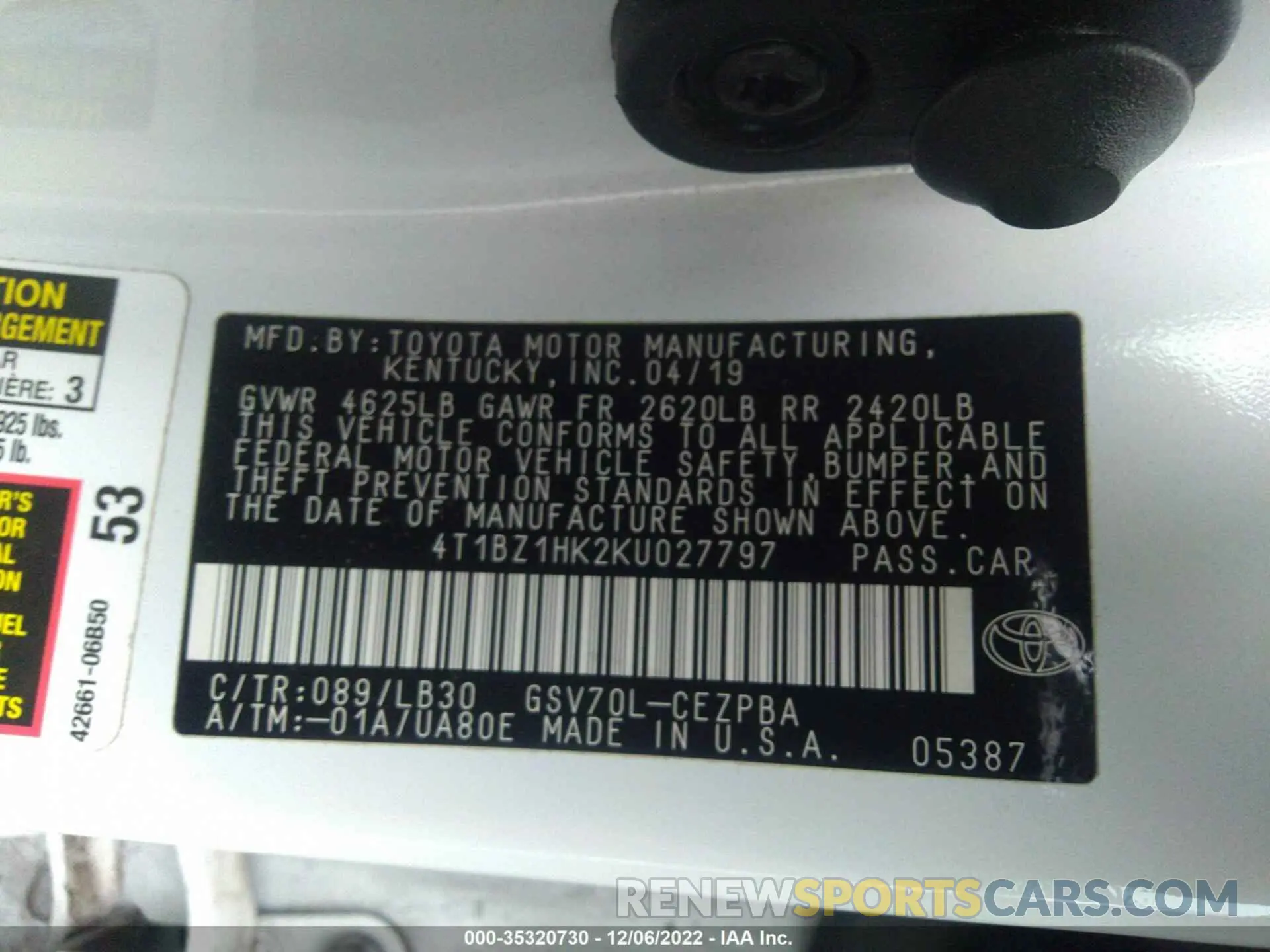 9 fotografías del automóvil dañado 4T1BZ1HK2KU027797 TOYOTA CAMRY 2019