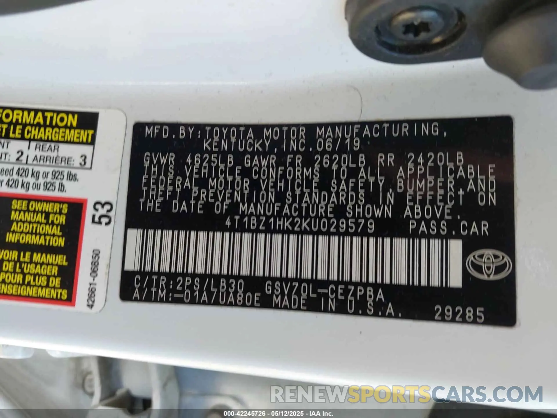9 fotografías del automóvil dañado 4T1BZ1HK2KU029579 TOYOTA CAMRY 2019
