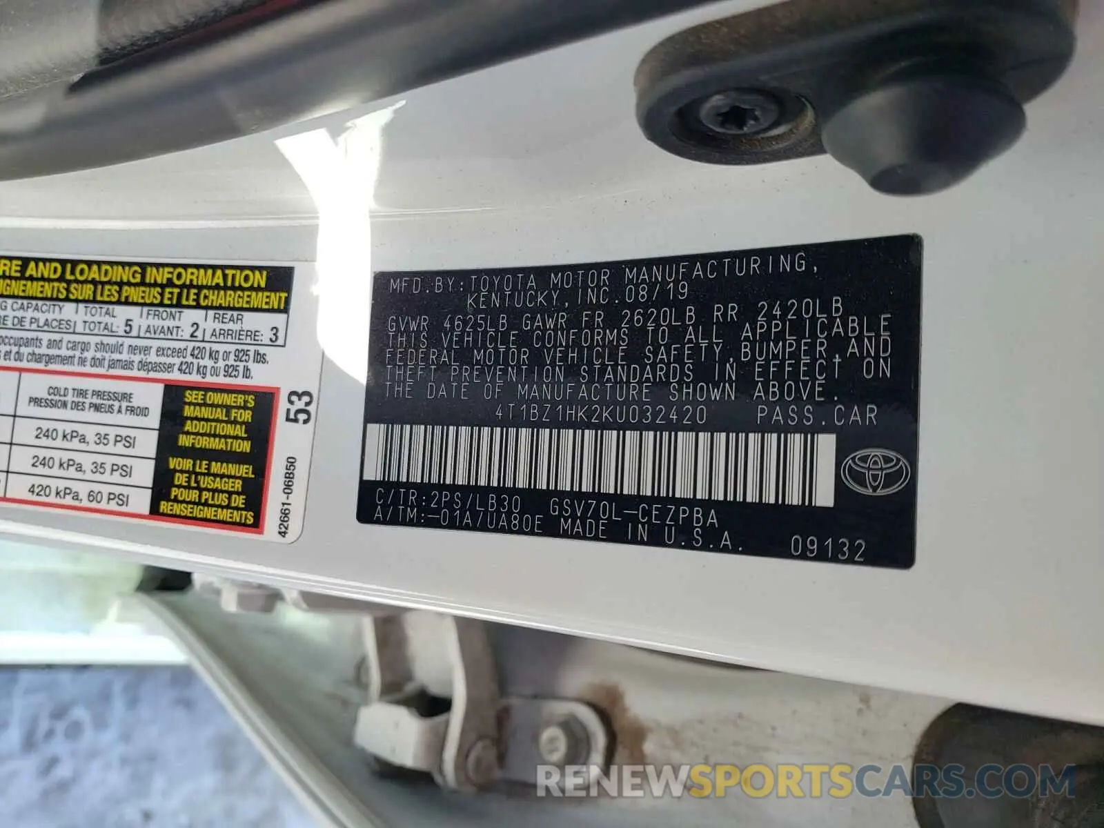 10 fotografías del automóvil dañado 4T1BZ1HK2KU032420 TOYOTA CAMRY 2019