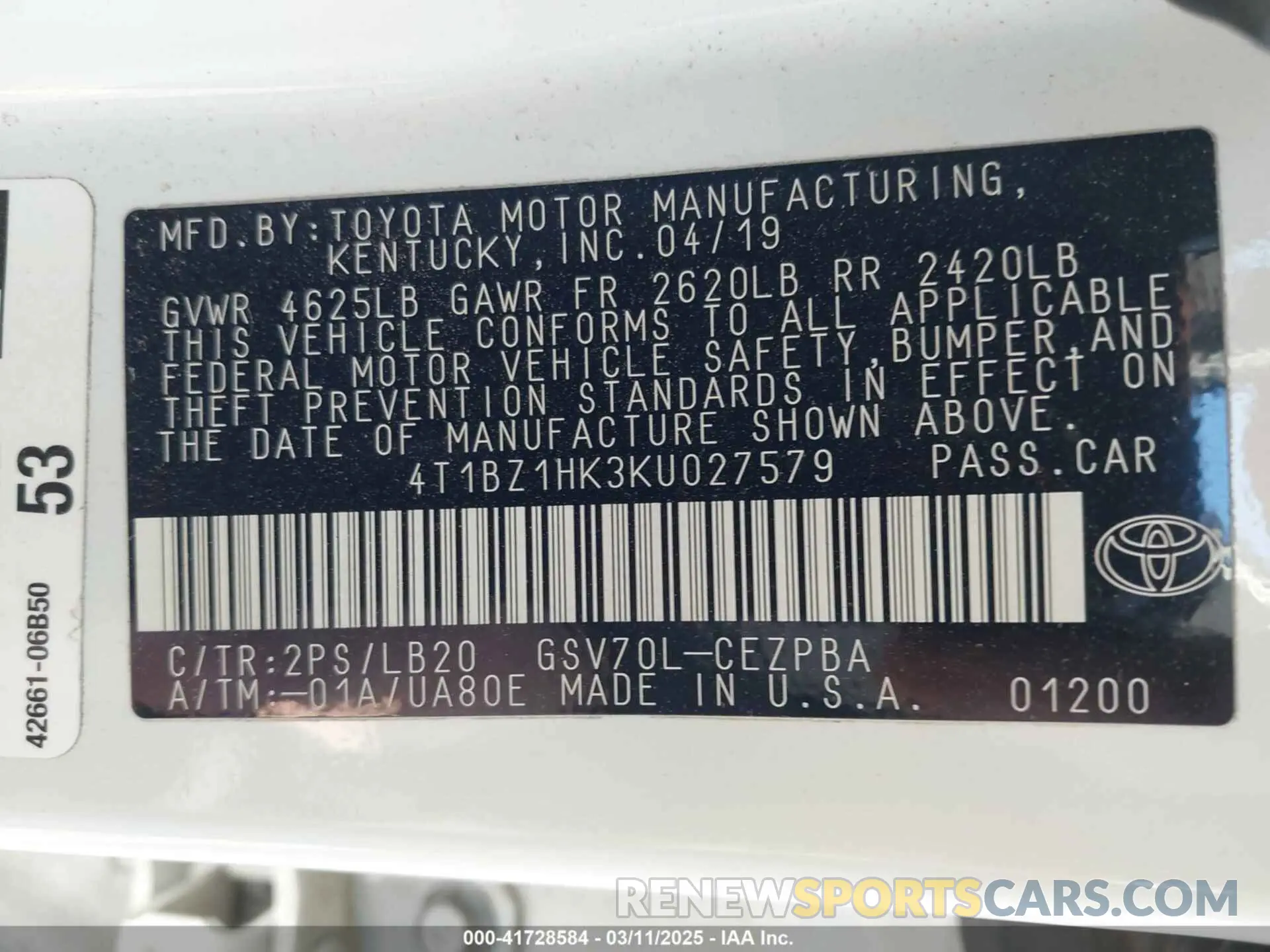 9 fotografías del automóvil dañado 4T1BZ1HK3KU027579 TOYOTA CAMRY 2019