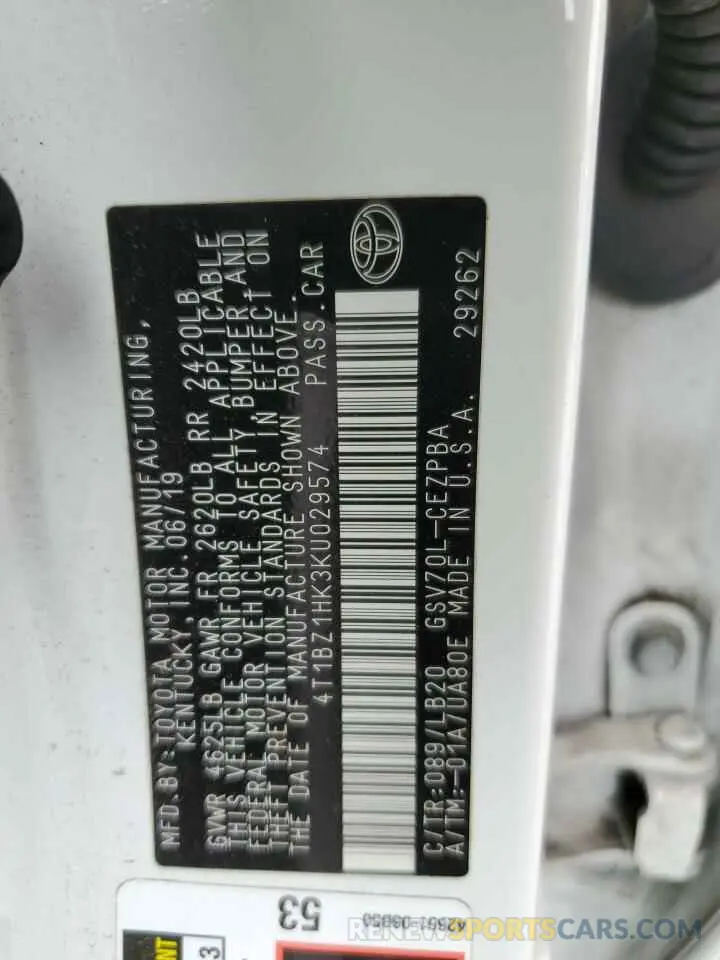 15 fotografías del automóvil dañado 4T1BZ1HK3KU029574 TOYOTA CAMRY 2019
